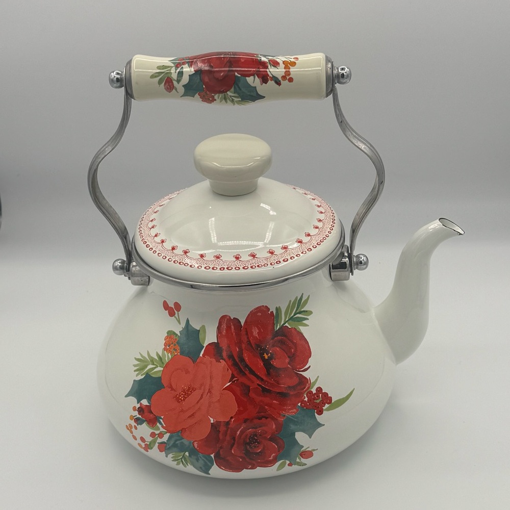 The Pioneer Woman Cheerful Rose Enamel on Steel 1.9 Quart Teapot Kettle